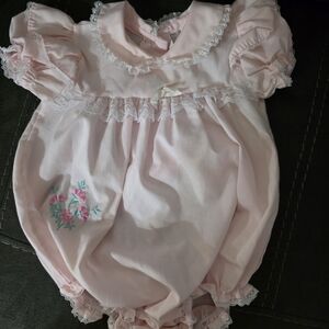 Nursery Rhyme Pink Lace Trim Floral Embroidered Baby One-Piece
